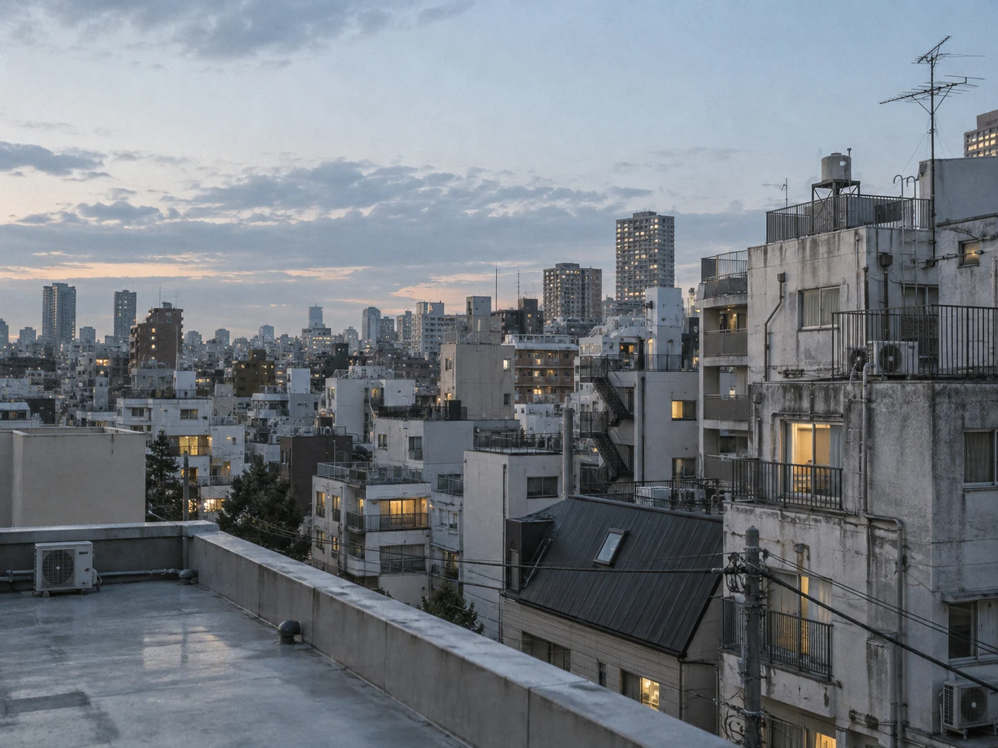 青灰色の空の下、屋上と建物が重なる東京をイメージした生成画像