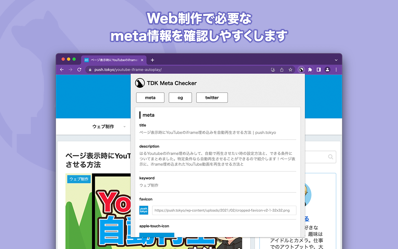 TDK Meta Checkerのmeta画面。title、description、keyword、faviconなどの項目が並ぶ