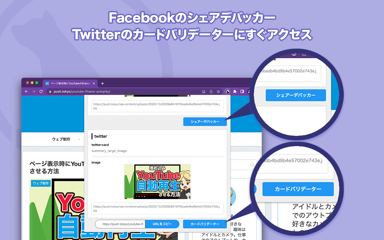 TDK Meta CheckerからFacebookのシェアデバッガーとTwitter Cardのバリデーターを開くボタン